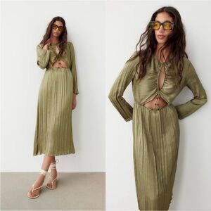 Zara pleated beaded cut out green satin effect dress